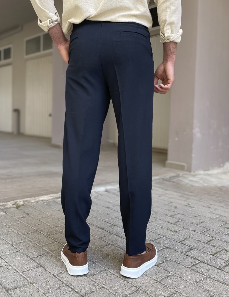 Ανδρικό μπλε υφασμάτινο παντελόνι με πιέτα και λάστιχο στην μέση FCL00295B φωτογραφία